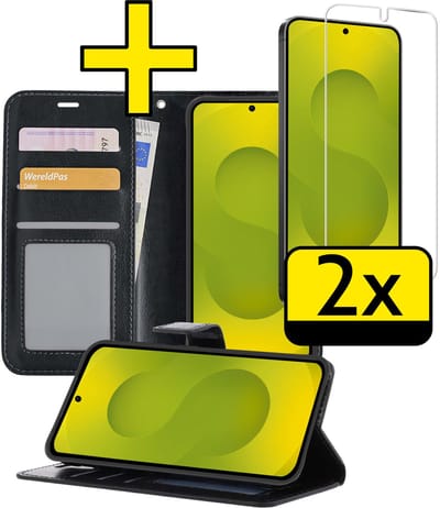 Hoesje Geschikt voor Samsung S25 Edge Hoesje Book Case Hoes Wallet Cover Met 2x Screenprotector - Hoes Geschikt voor Samsung Galaxy S25 Edge Hoesje Bookcase Hoes - Zwart