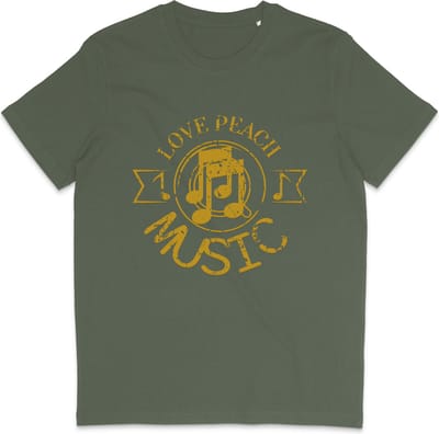 Heren Dames T Shirt - Print en Tekst: Love Peace Music - Khaki Groen - XS