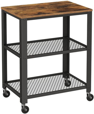 Linkforu – Serveerwagen – Trolley – Werktafel - Bijzettafel – Lectuurtafel - 3 Niveaus – 80 KG Laadvermogen - Bruin - 60x76,5x40 cm