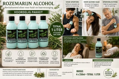 1 LITER ( 4 FLESSEN VAN 250ML/FLES) Rozemarijn Rosemary Alcohol Alcohol De Romero 250ml cosmetische eigenschappen, massage, “burn- out”, hoge bloeddruk. Revitaliserend elixer voor huid- en haarverzorging