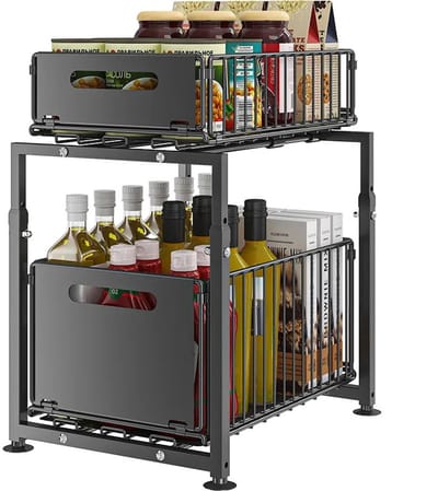 HomeGoodies - Kastorganizer – Gootsteen – organizer 2-laags uitschuifbaar – Verstelbaar opbergrek - Lades van metaal – Zwart