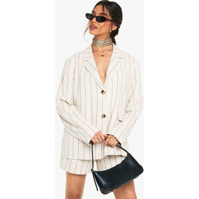 boohoo Dames Op maat gemaakte linnen-look gestreepte oversized blazer | Stone | Maat: 10