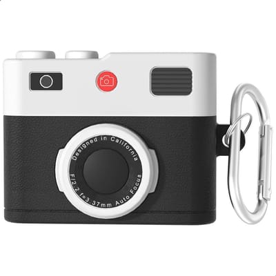 Ainy - PRO Retro vintage camera hoesje zwart | Geschikt voor Apple Airpods Pro 2 / Pro 1 | Siliconen case met sleutelhanger | schokbestendig | Uitsparing voor oplaadpoort & draadloos opladen ondersteund