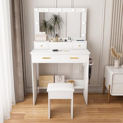 Pugsdrly Kaptafel met LED-verlichting met 3 niveaus, stopcontact en houder voor haardroger – 4 lades + opbergmand – Inclusief gestoffeerde kruk – Wit, L80/H137/P40 cm.