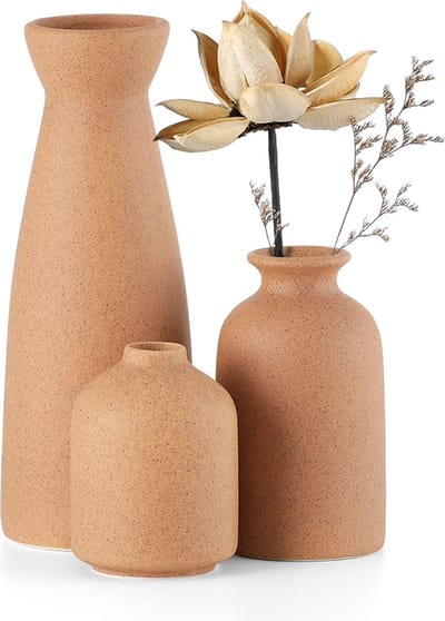 PolkaHome Braun keramische vazen, set van 3 kleine bloemenvazen voor decoratie, moderne rustieke boerderij, huisdecoratie, decoratieve vazen voor pampasgras, gras en gedroogde bloemen, ideeënrek, entree, distressed
