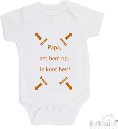 100% katoenen Romper "Papa, zet hem op. Je kunt het!!" Unisex Katoen Wit/tan Maat 62/68