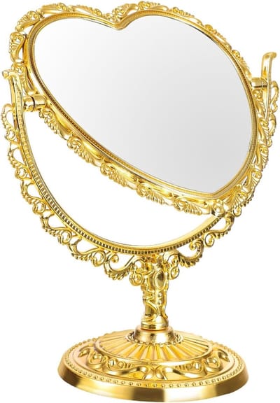 Retro Hartvormige Dubbelzijdige Make-up Spiegel met Gouden Frame, Vintage Make-up Spiegel voor Slaapkamer, Badkamer en Kaptafel Gebruik