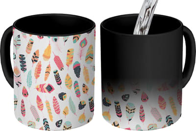 Magische Mok - Foto op Warmte Mokken - Koffiemok - Veren - Pluimen - Patronen - Pastel - Magic Mok - Beker - 350 ML - Theemok