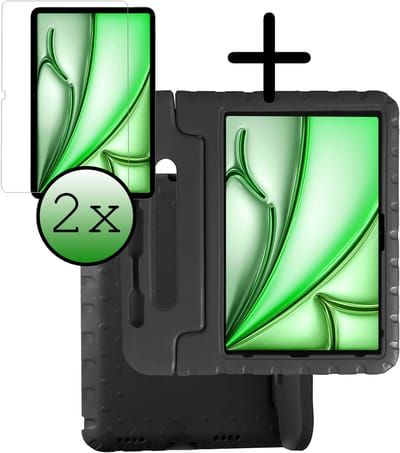 Hoesje Geschikt voor Apple iPad Air M3/M4 (2025/2026) - 13 inch - Met 2x Screenprotector - Kinderhoes Shockproof Bumper - Kidsproof Case - Tablet Hoes - Kinder Hoes Cover - Zwart