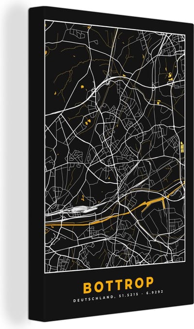 Canvas Schilderij Bottrop - Stadskaart - Goud - Duitsland - Plattegrond - Kaart - Black and Gold - 20x30 cm - Wanddecoratie