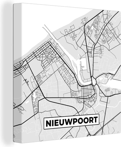 Canvas Schilderij Stadskaart – Zwart Wit - Kaart – Nieuwpoort – België – Plattegrond - 20x20 cm - Wanddecoratie
