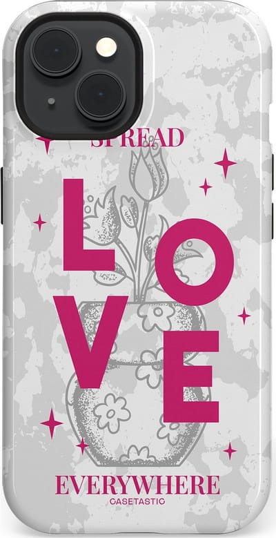Casetastic hoesje geschikt voor Apple iPhone 15 - MagSafe - Dubbellaagse bescherming - Spread Love Everywhere - Grijs Roze - Valentijn - Valentine - Fashion Case - Lichtgrijs Wit Roze