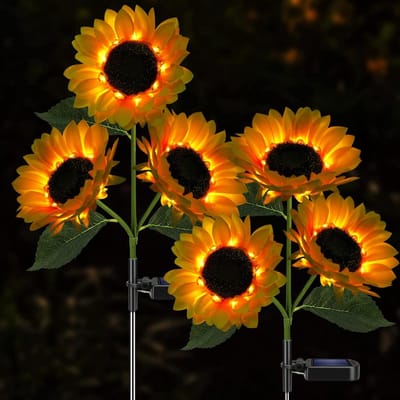 Zonnebloem-zonnelampen – 800mA Solar-tuinverlichting met levensechte bloemen – Waterdichte solar-grondspiezen voor buiten: achtertuin, bloembed, tuinpad, terras en veranda – Lentedecoratie (set van 2)