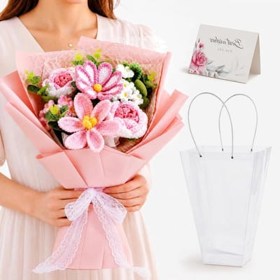 Gehaakte Bloem Boeket - Gebreide Potplant - Desktop Decoratie - Handgemaakt Ontwerp - 5 Bloemen - Roze