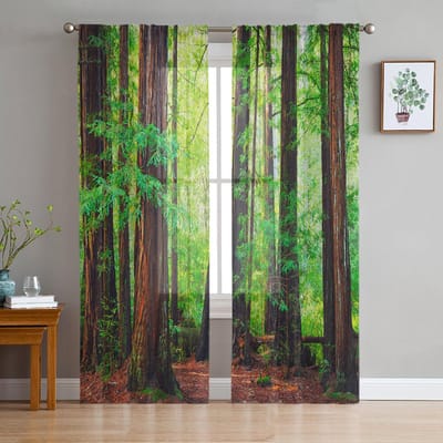 Luxe Tule Gordijnen Mistige Bossen Sparren Jungle Woonkamer Keuken Chiffon Gordijn Jeugdslaapkamer Transparant Vloer Valgordijn 135W x 114H(cm) x2