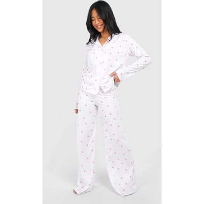 boohoo Dames Petite Strikprint Lange Mouw Shirt & Broek Pyjama Set | Wit | Maat: 38