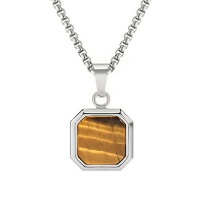 Tijgeroog Heren Ketting Vierkant – Geometrisch Design – Natuursteen Hanger – Stijlvolle en Duurzame Ketting voor Dagelijks Gebruik – Cadeau voor Mannen