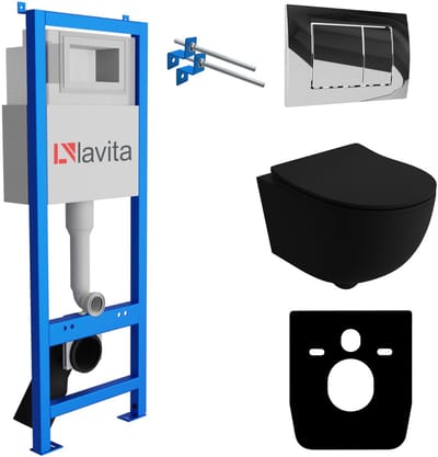 LAVITA® Inbouwreservoir Complete Toiletset LAV 101 - Inbouw WC Hangtoilet Wandcloset BRAVA BLACK Zwart Mat - Bedieningsplaat 200.1.2 Chroom - Voorwandelement voor toilet 40cm - Installatiesysteem