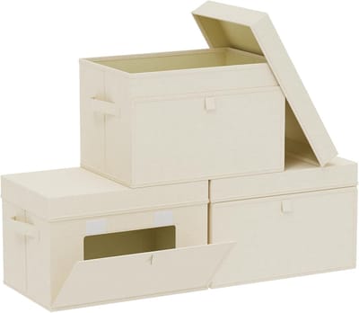 SnelShoppen - Opbergdozen Set van 3 - Vouwbare Textiele Opbergtassen met Deksel en Handvatten - 38 x 25 x 25 cm - Beige - Ideaal voor Slaapkamer en Wo