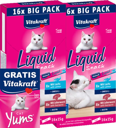 2 stuks Vitakraft liquid snack multipack zalm en leverworst met GRATIS Vitakraft yums 40 gram