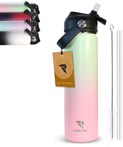 Radiant - RVS Waterfles met Rietje - 750ML BPA-vrije Thermosfles voor School, Sport, Werk & Reizen - Lekvrij, Dubbelwandig Drinkfles - 48u Koud / 18u Warm - Inclusief 3 Accessoires - Roze - groen