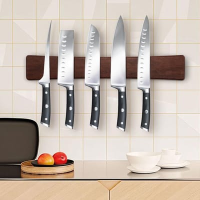 Famanu - Magnetische messenstrip van acaciahout 40 cm, wandhouder voor keukenmessen, magnetische organizer voor keukengerei, elegante houten afwerking