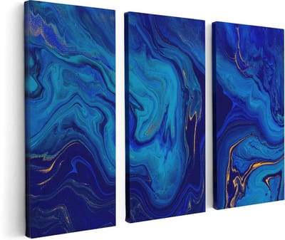 Artaza Canvas Schilderij Drieluik Abstracte Kunst - Blauw met Gouden Verf - 120x80 - Foto Op Canvas - Canvas Print