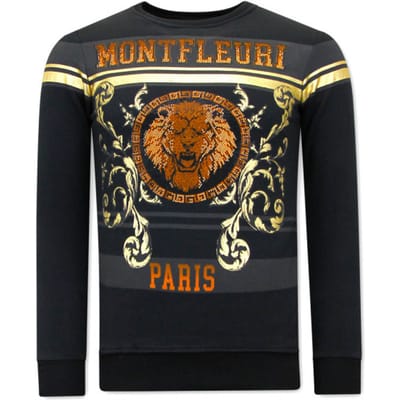 Heren Sweater met Print - Leeuw Strass - 3767 - Zwart