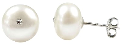 Zoetwater parel oorbellen Mea Bling White - oorknoppen - echte parels - wit - stras steen - luxe sieraden zakje - parel oorbellen dames