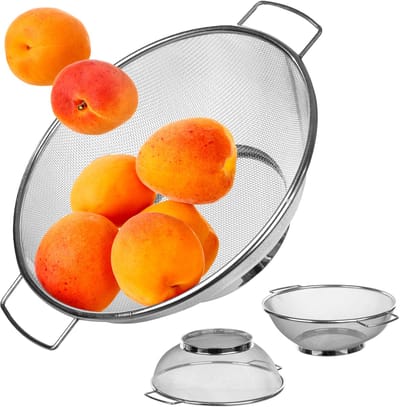 KADAX Keukenzeef van roestvrij staal, pastazeef met praktische handgrepen, robuuste vergiet met onderzetter, microgeperforeerde zeef (diameter 21,5 cm)