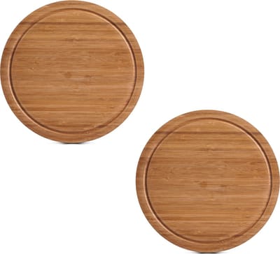 Zeller snijplank - 2x - met sap groef - bamboe hout - rond - Dia 25 cm - serveerplank