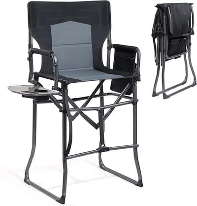 Verte Makeup Chair - Regionale Stoel - Hoog - Opvouwbaar - Opvouwbare Make-Upstoel - Draagvermogen 160 kg met Bijzettafeltje en Zijvak - Make-Upstoel voor Visagisten - Sportevenementen - Barstoel - Zwart-Grijs - Zithoogte 78 cm