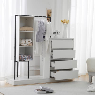 STILVORA Dressoir - Kledingkast Met Laden En Open Vakken - Schuiflades En Kleerhangplek Voor Hal En Slaapkamer - Spaanplaat - 100x40x135 Cm - Wit