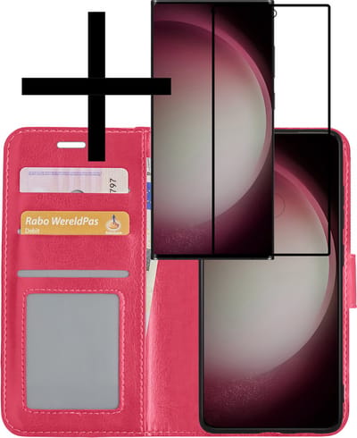 Hoesje - Met Screenprotector - Geschikt voor Samsung Galaxy S23 Ultra - Luxe Pasjeshouder - Bookcase Portemonee - Flip Case - Kunstleer Book Case - Flipcase - Book Cover - Walletcase - Portemonneehoes - Donkerroze