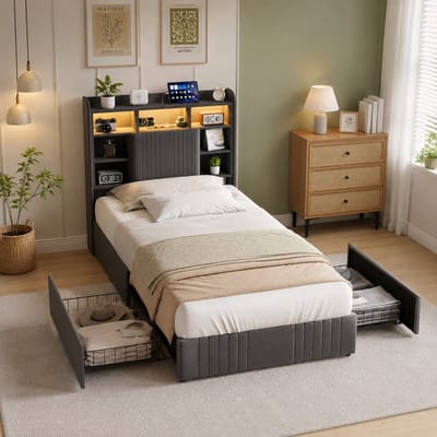Eenpersoonsbed 90x200 cm, met twee lades en wielen, opbergbed, USB-oplaadpoort en LED-verlichting, gestoffeerd bed met opberghoofdbord, jeugdbed, kinderbed, lattenbodem, Linnen, Donker Grijs