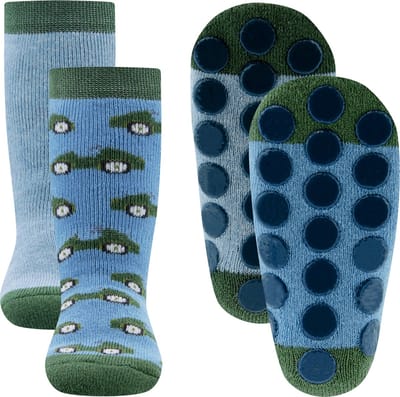 Ewers Antislipsok - 2-Pack - Groene Raceauto's & Lichtblauw Effen - Blauw & Groen - Antislipnopjes - maat 17/18