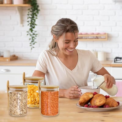Candala 3 stuks glazen potten met luchtdichte deksel en lepelmouwen set voor opslag, nachtelijke havercontainer met deksel, badzoutcontainers 530 ml, decoratieve keukenpot voor