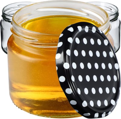 KADAX Inmaakpotten met schroefdeksel, jampotten, 330 ml, voorraadpotten voor jam, honing, potten met schroefsluiting, zwart gestippeld / 10 stuks
