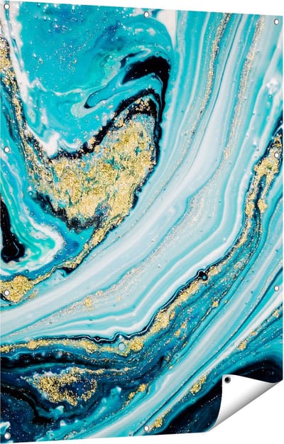 Gards Tuinposter Abstracte Luxe Kunst in het Blauw met Goud - 90x120 cm - Tuindoek - Tuindecoratie - Wanddecoratie buiten - Tuinschilderij