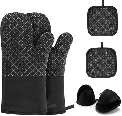 Thijox - Ovenwanten Set van 6, Hittebestendige Pannenlappen, Kookhandschoenen voor Keuken, Bakken, Grillen, Roestvrij Staal, Zwart, Veilig en Gemakkel