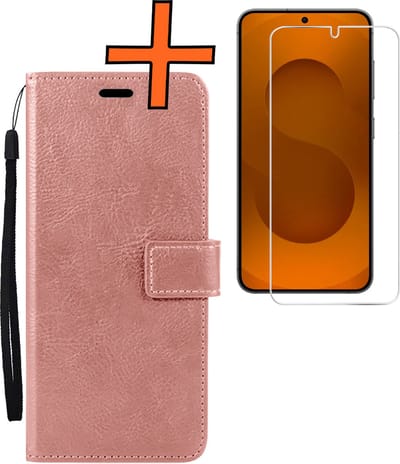 Hoes - Met Screenprotector - Geschikt voor Samsung Galaxy S25 - Luxe Pasjeshouder - Bookcase Portemonee - Flip Case - Kunstleer Book Case - Flipcase - Book Cover - Walletcase - PortemonneeHoes - Rosé goud