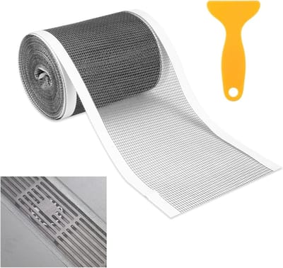 Hair Strainer Shower Drain 10 cm x 10 m Net with Plastic Spatula - Self Adhesive Mesh Sticker for Showers, Bathtubs, Kitchen, Balcony