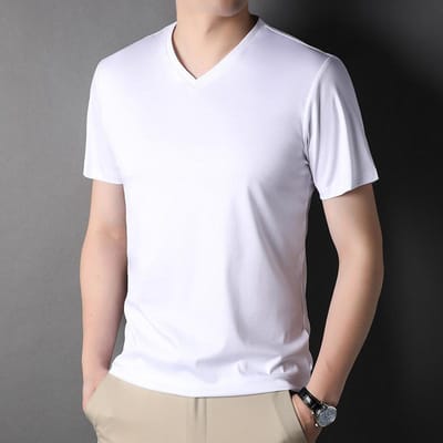 Effen Kleur Moerbeizijde T-shirt met Korte Mouwen Heren Ronde Hals Gemerceriseerd Katoen Halflange Mouwen Heren Dun Trendy T-shirt L white