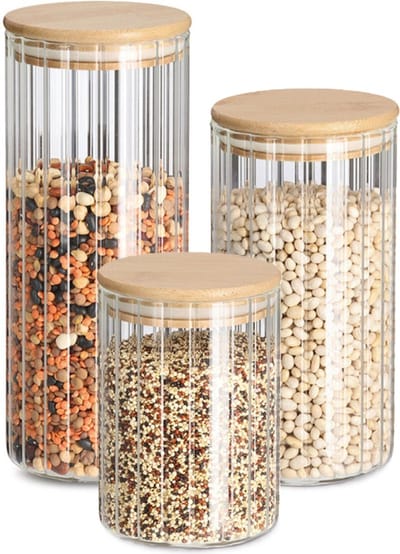 Zeller Voorraad/bewaar pot Grooves - set 3x stuks - hard glas - bamboe deksel - lucht dicht