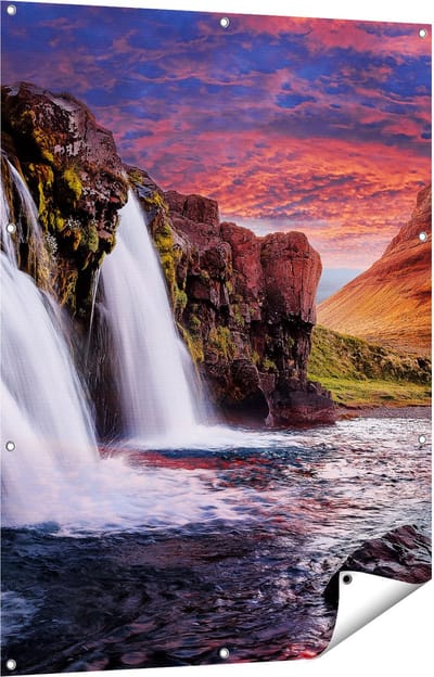 Gards Tuinposter Waterval bij een Berg - 90x120 cm - Tuindoek - Tuindecoratie - Wanddecoratie buiten - Tuinschilderij