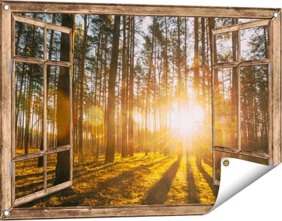 Gards Tuinposter Doorkijk Zonsopkomst in het Bos tussen de Bomen - 90x60 cm - Tuindoek - Tuindecoratie - Wanddecoratie buiten - Tuinschilderij