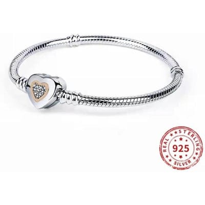 Echt 925 Sterling Zilver Glanzend Kristal Mooie Hart Sluiting Slang Ketting Armbanden Kraal Charm Vrouwen Armband Sieraden 16cm