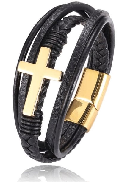 Armband Heren - Zwart Leer met Goud kleurig Kruis - 21cm - Leren Armbanden - Papa Cadeau Voor Mannen - Vaderdag