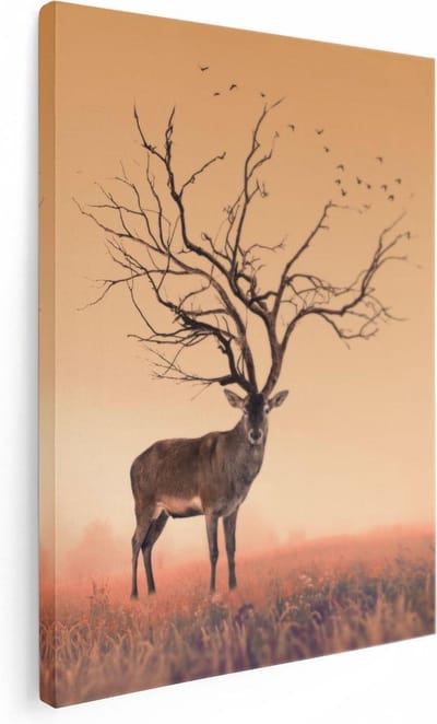 Artaza Canvas Schilderij Hertenkop Met Gewei - 30x40 cm - Klein - Wanddecoratie Hert - Muurdecoratie Woonkamer - Schilderijen Op Canvas Surrealistisch