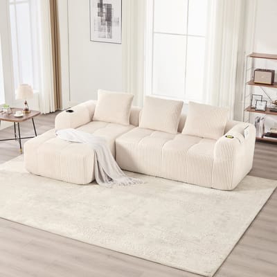 Compacte corduroy bank – zacht, modulair en praktisch voor dagelijks gebruik, met een zijvak en bekerhouder. Hoogwaardig comfort voor langdurig zitten, inclusief 3 kussens. Ideaal voor woonkamers, studeerkamers en meer. Beige